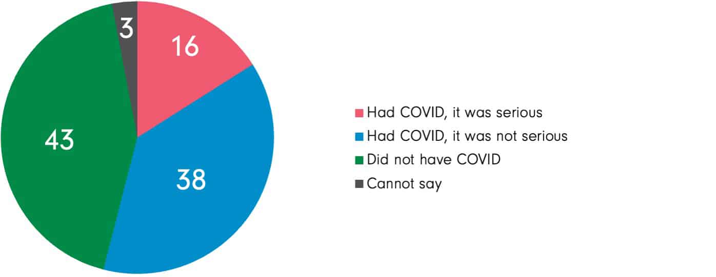 A pie chart showing experiences with COVID-19 and mental health: 16% had serious COVID, 38% had non-serious cases, 43% did not have COVID, and 3% cannot say.