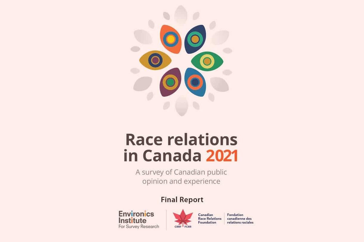 Logo with colorful abstract shapes above the text Race Relations in Canada 2021, highlighting findings from a survey of Canadian public opinion and experience. Logos for Environics Institute and Canadian Race Relations Foundation appear below.