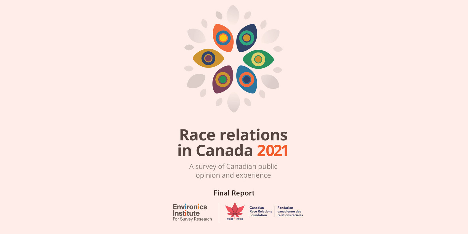 Logo with colorful abstract shapes above the text Race Relations in Canada 2021, highlighting findings from a survey of Canadian public opinion and experience. Logos for Environics Institute and Canadian Race Relations Foundation appear below.