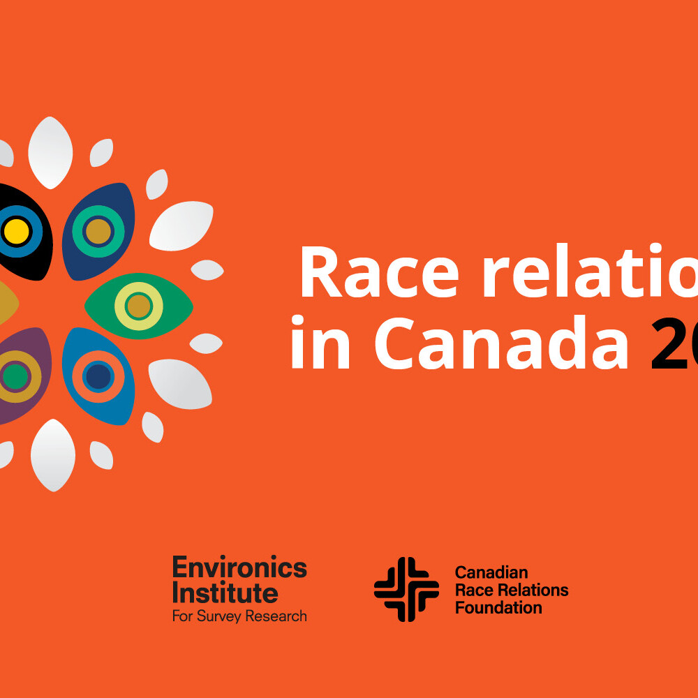 Orange background with colorful abstract shapes resembling eyes on the left. Text on the right reads “Race relations in Canada 2024,” highlighting Black experiences with racism in Canada. Logos for Environics Institute and Canadian Race Relations Foundation below.