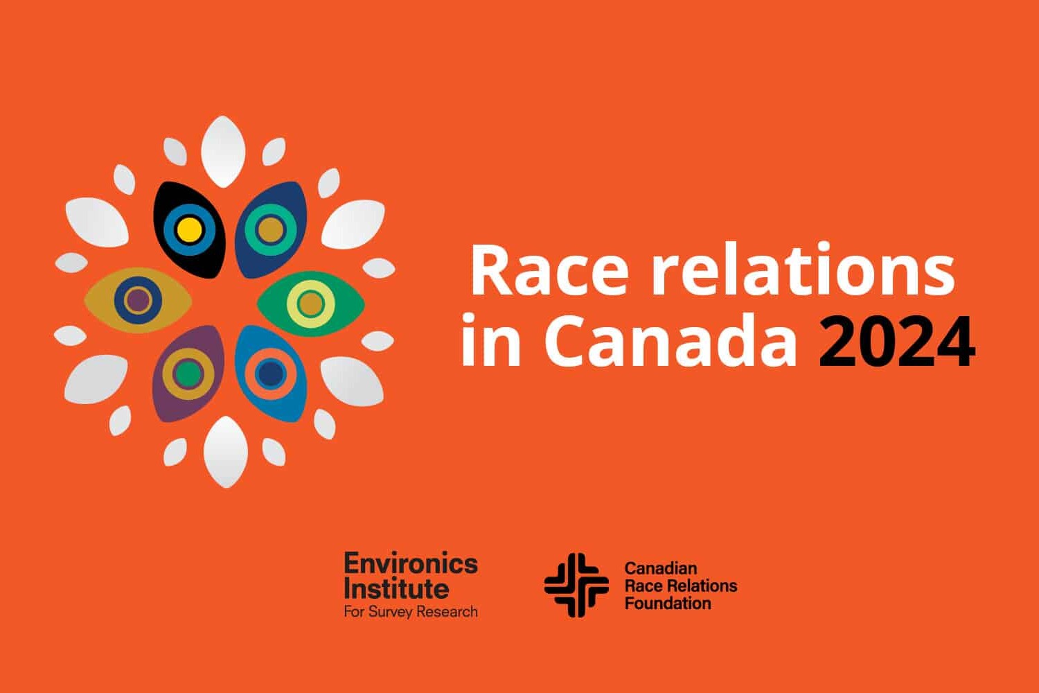 Orange background with colorful abstract shapes resembling eyes on the left. Text on the right reads “Race relations in Canada 2024,” highlighting Black experiences with racism in Canada. Logos for Environics Institute and Canadian Race Relations Foundation below.