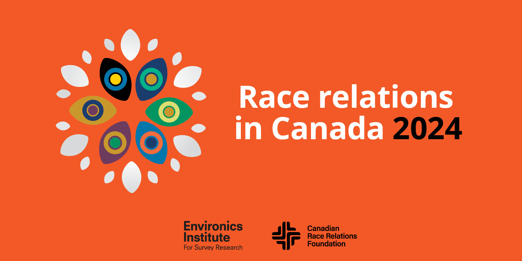 Orange background with colorful abstract shapes resembling eyes on the left. Text on the right reads “Race relations in Canada 2024,” highlighting Black experiences with racism in Canada. Logos for Environics Institute and Canadian Race Relations Foundation below.