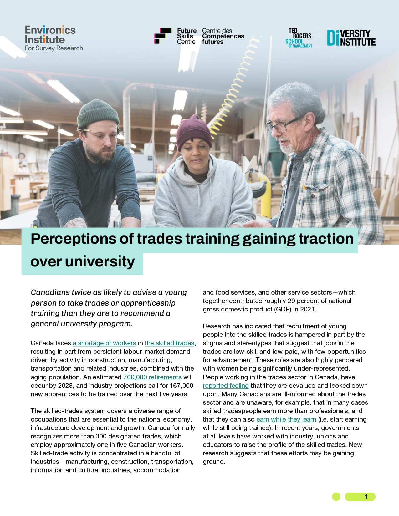 Three adults in work clothes and hats stand together in a workshop, focusing on a woodworking project that highlights skilled trades training. Surrounding text discusses perceptions of trades training gaining traction over university.