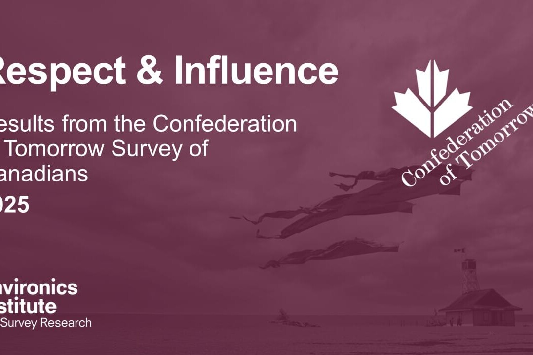 A maroon-toned slide titled Respect and influence in the Canadian federation displays results from the Confederation of Tomorrow Survey of Canadians, 2025, with the Environics Institute logo. The background features a lake and flags blowing in the wind.