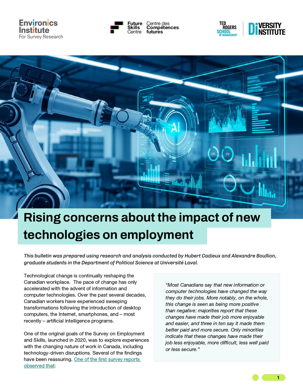 A report cover titled Rising concerns about the impact of new technologies on employment, with logos, colorful lines, and a quote highlighting Canadians&rsquo; rising concerns about how computer technologies affect jobs.
