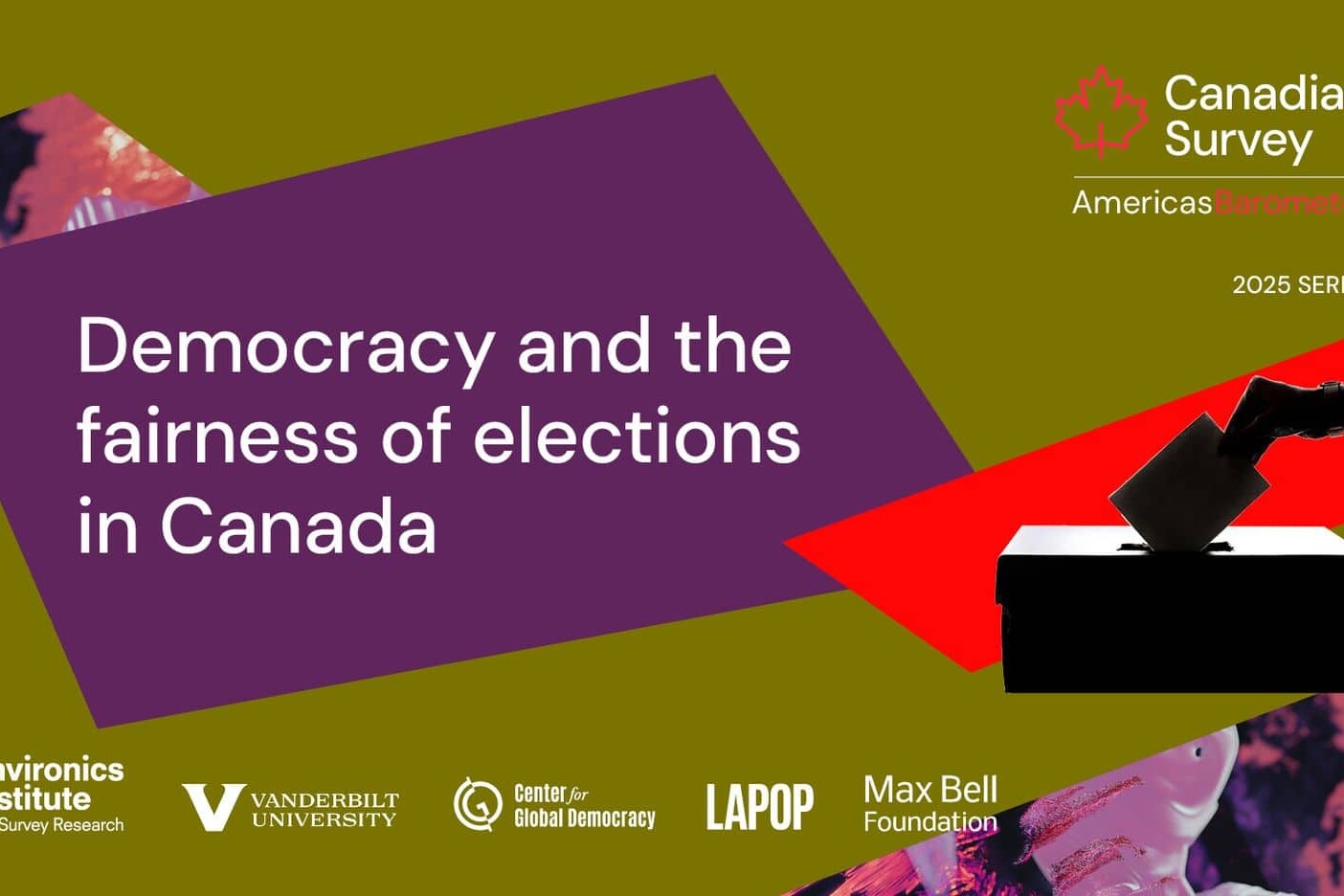 A promotional graphic for the Canadian Survey: Americas Barometer 2025 Series featuring text about democracy and the fairness of elections in Canada, logos of supporting organizations, and a hand placing a ballot into a box.