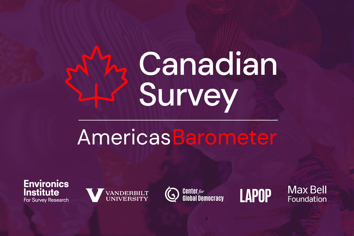 A graphic for the AmericasBarometer Canadian Survey featuring a red maple leaf outline and logos for Environics Institute, Vanderbilt University, Center for Global Democracy, LAPOP, and Max Bell Foundation.