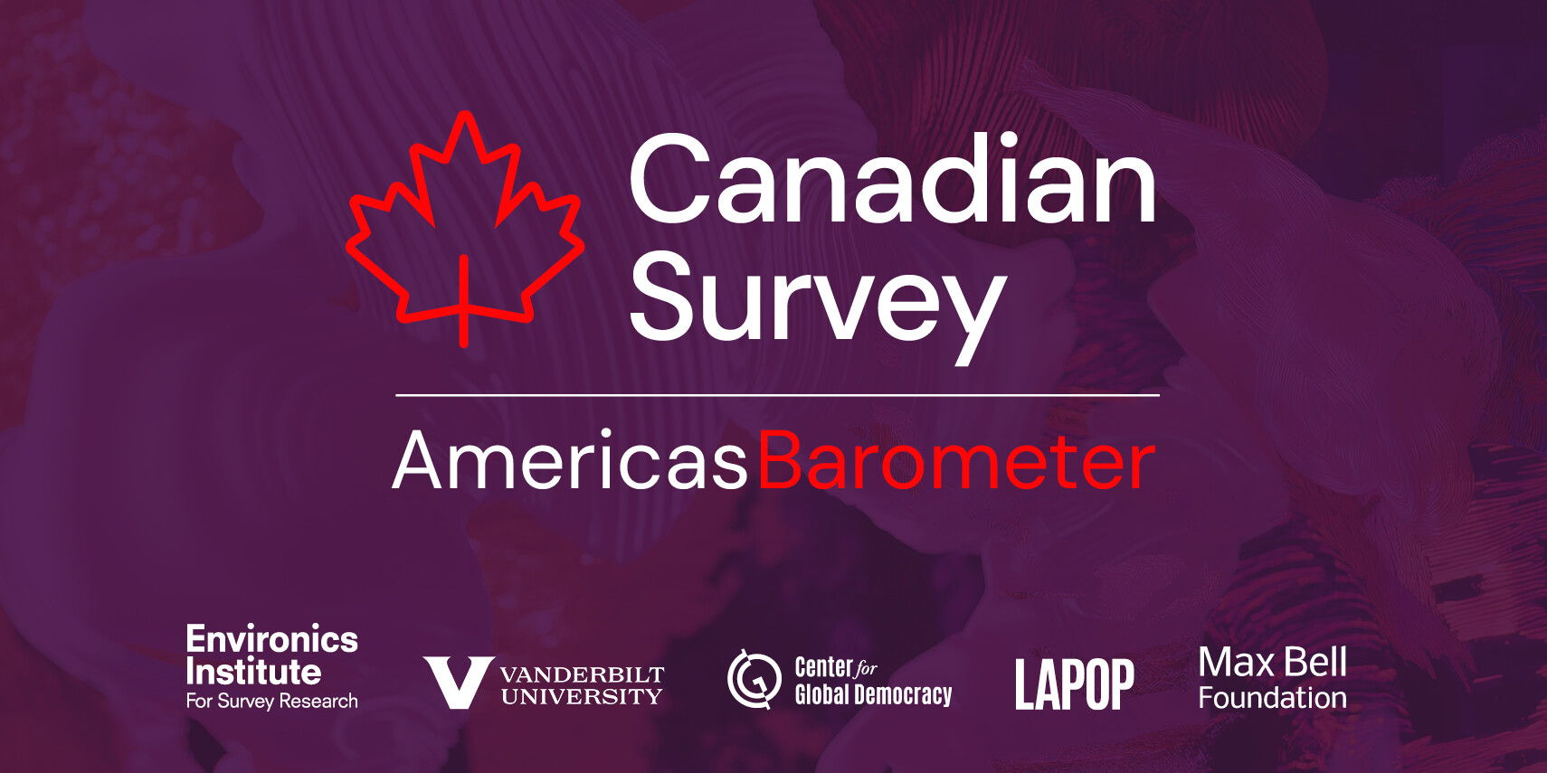 A graphic for the AmericasBarometer Canadian Survey featuring a red maple leaf outline and logos for Environics Institute, Vanderbilt University, Center for Global Democracy, LAPOP, and Max Bell Foundation.