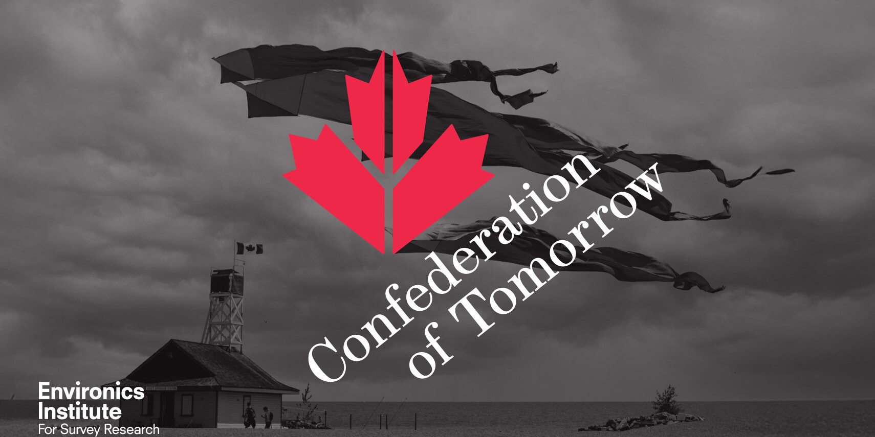 A grayscale beach scene with a small building and a large kite flying. Overlaid is a red maple leaf logo and the text The Confederation of Tomorrow. The Environics Institute logo appears in the bottom left corner.