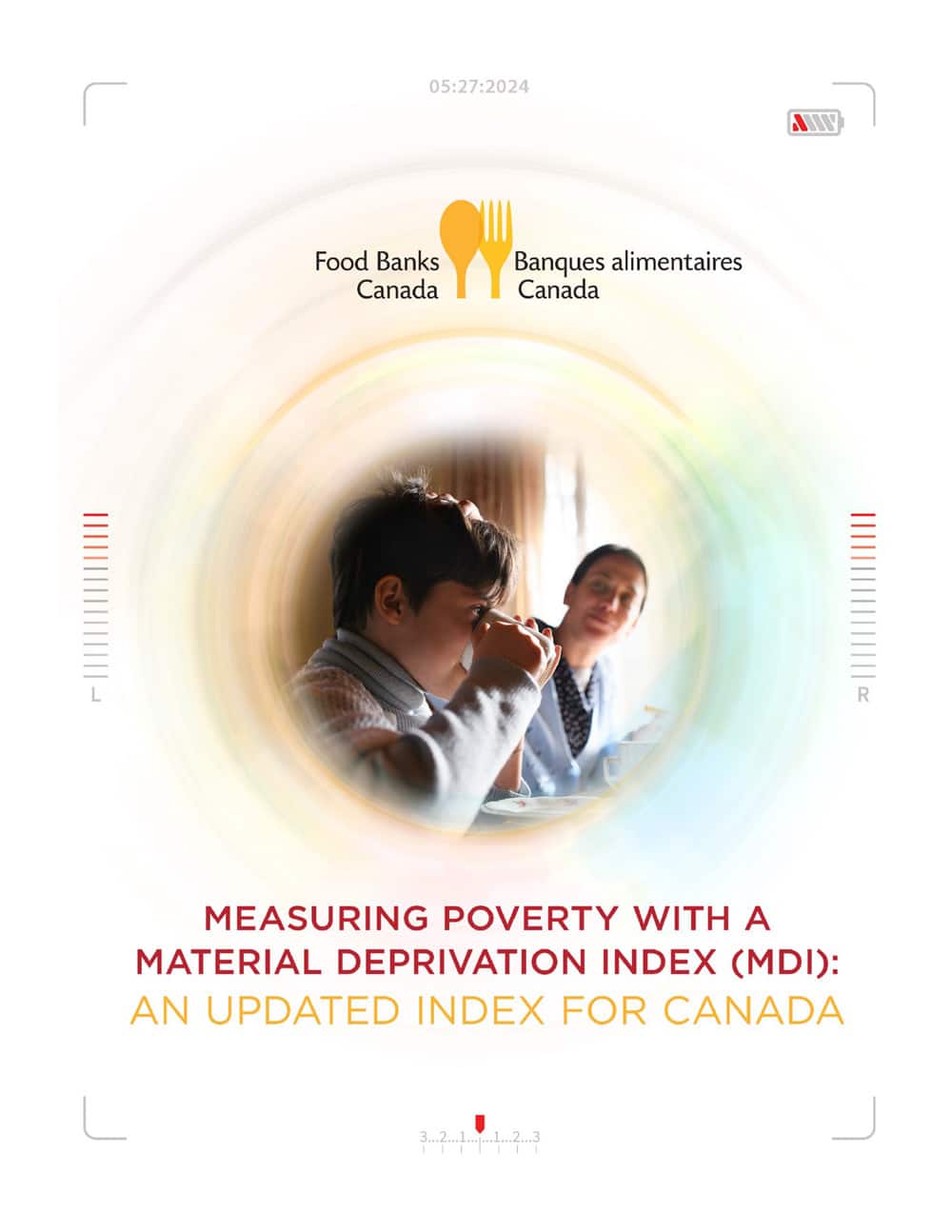 A child eats at a table with an adult in the background. The image features the Food Banks Canada logo and discusses developing a material deprivation index: Measuring Poverty with a Material Deprivation Index (MDI)&mdash;An Updated Index for Canada.