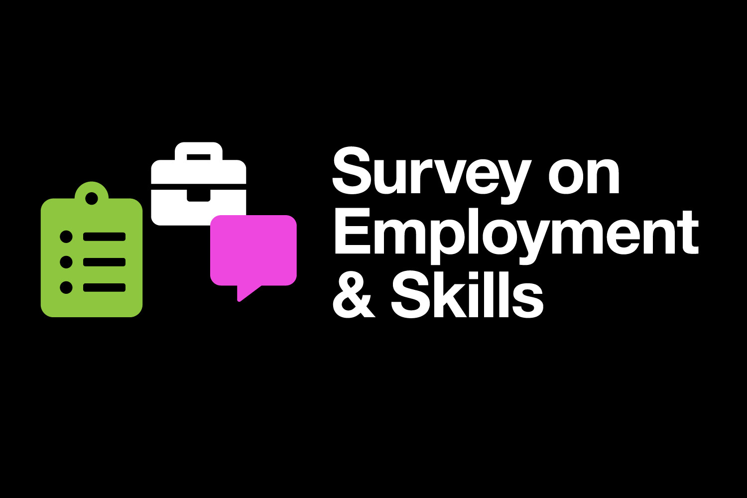 A black background features icons of a green clipboard, white briefcase, and pink speech bubble beside the bold white text 
