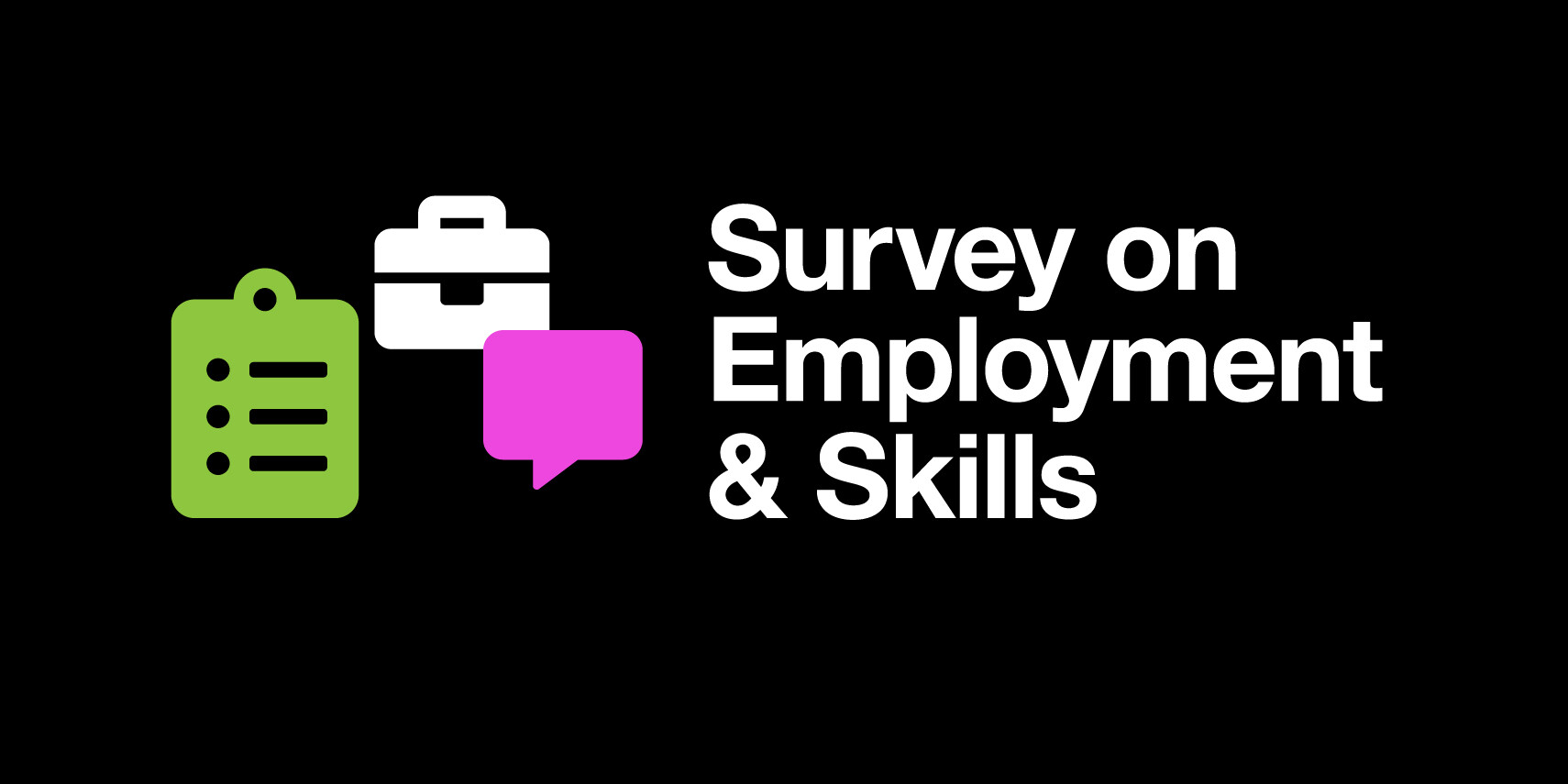 A black background features icons of a green clipboard, white briefcase, and pink speech bubble beside the bold white text 