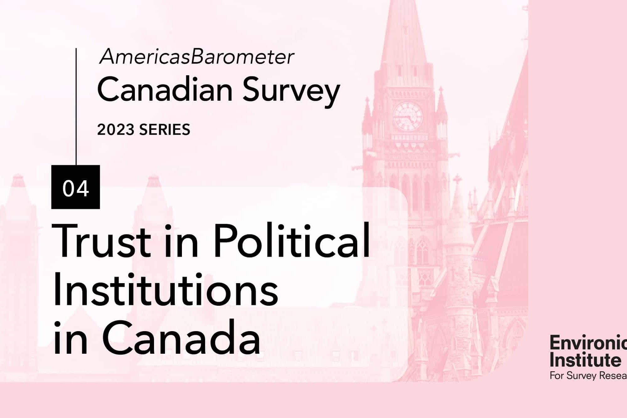 A pink-tinted image shows Ottawa’s Parliament buildings in the background. Text reads: AmericasBarometer Canadian Survey 2023 Series. 04. Trust in Political Institutions in Canada, exploring public trust and confidence. Environics Institute logo at bottom right.