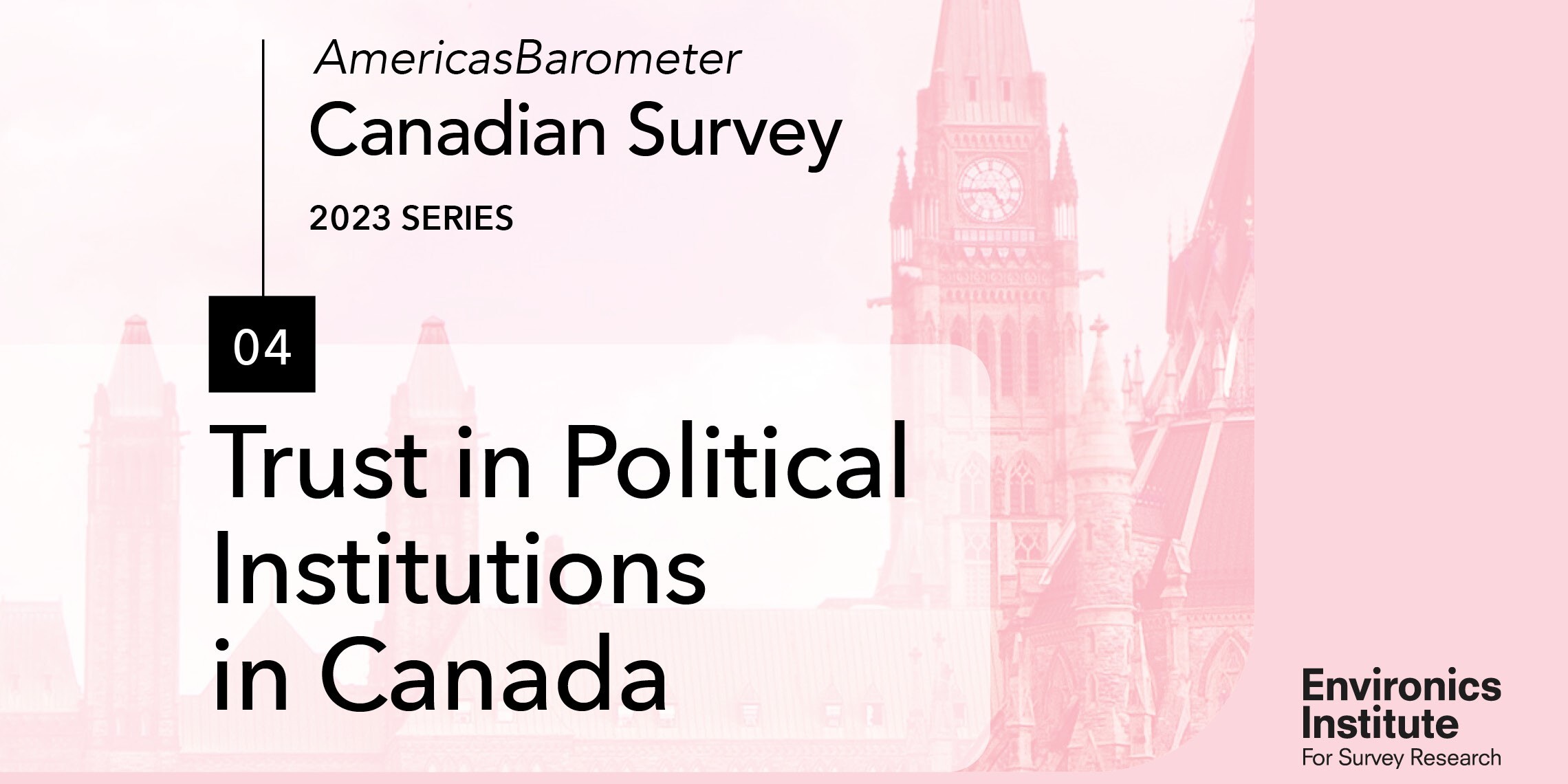 A pink-tinted image shows Ottawa’s Parliament buildings in the background. Text reads: AmericasBarometer Canadian Survey 2023 Series. 04. Trust in Political Institutions in Canada, exploring public trust and confidence. Environics Institute logo at bottom right.
