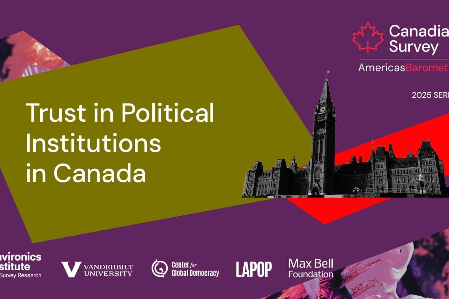 A graphic for the Canadian Survey – Americas Barometer 2025 Series highlights “Trust in Political Institutions in Canada,” featuring an image of Parliament, sponsor logos, a red maple leaf, and insights on social trust in Canada and the USA.