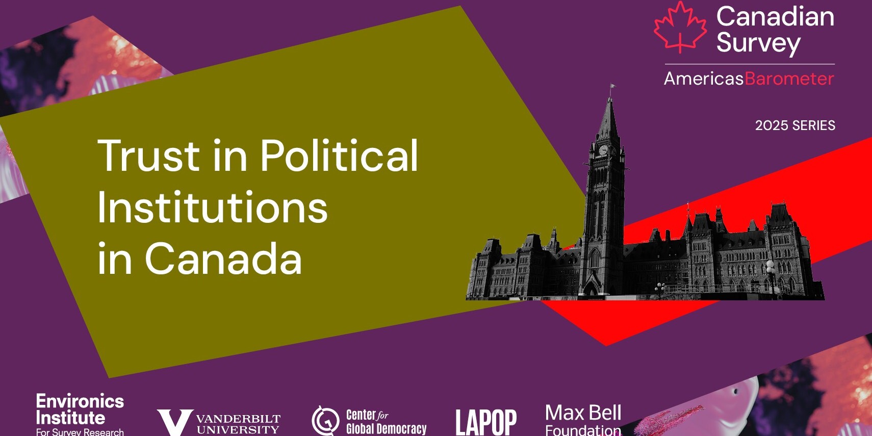 A graphic for the Canadian Survey – Americas Barometer 2025 Series highlights “Trust in Political Institutions in Canada,” featuring an image of Parliament, sponsor logos, a red maple leaf, and insights on social trust in Canada and the USA.