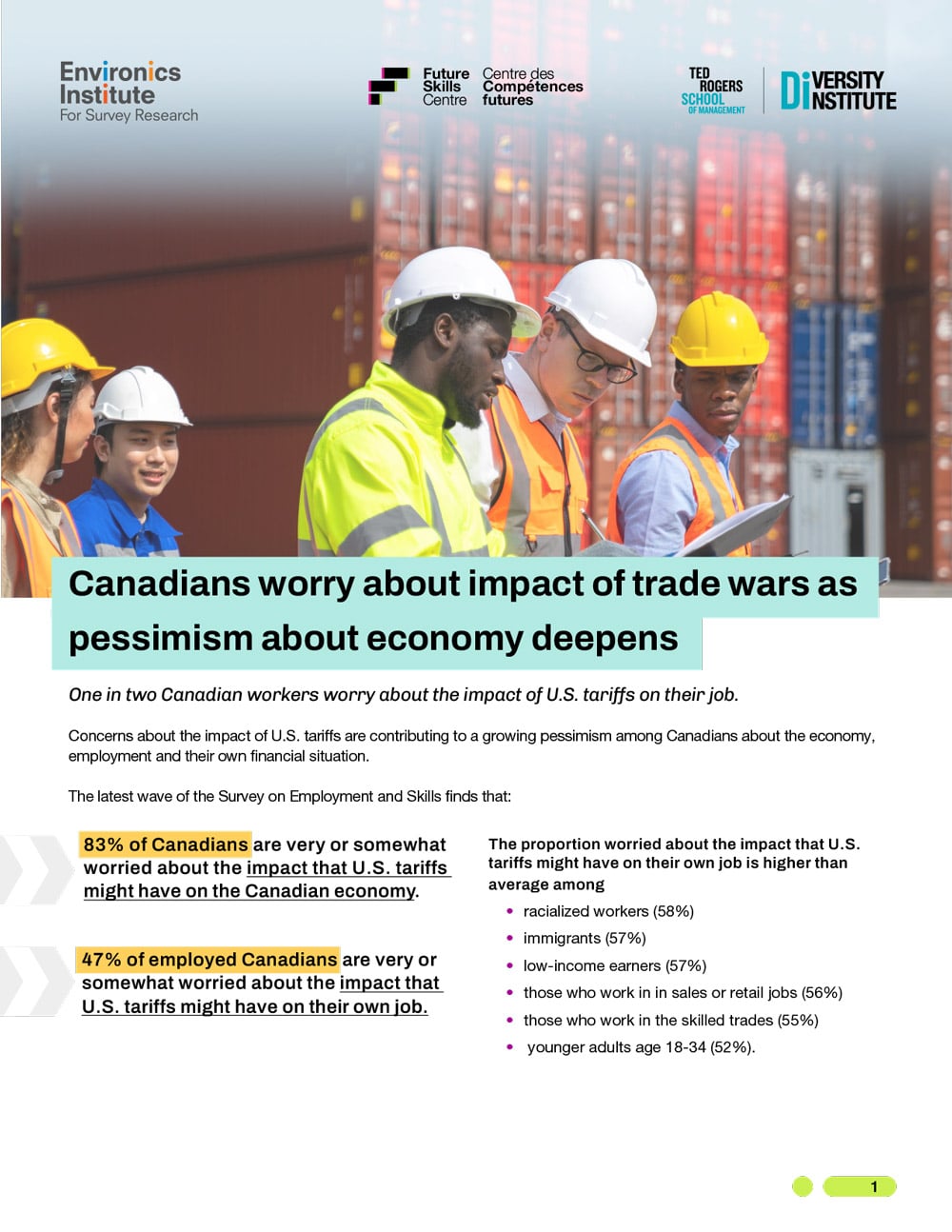 A report page shows Canadian workers in hard hats and vests in a warehouse. Headline: Canadians worry about trade wars as pessimism about economy deepens. Highlights statistics on concerns about U.S. tariffs.