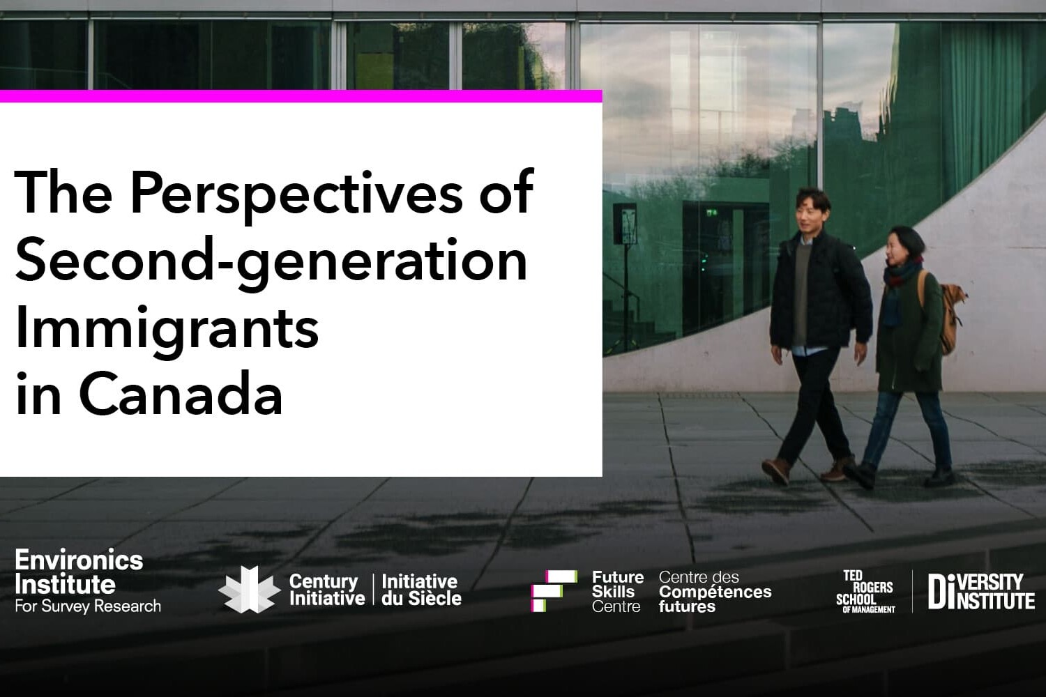 Two people walk past a modern glass building. A large white box highlights The Perspectives of Second-generation Immigrants in Canada, with logos of several organizations displayed below.