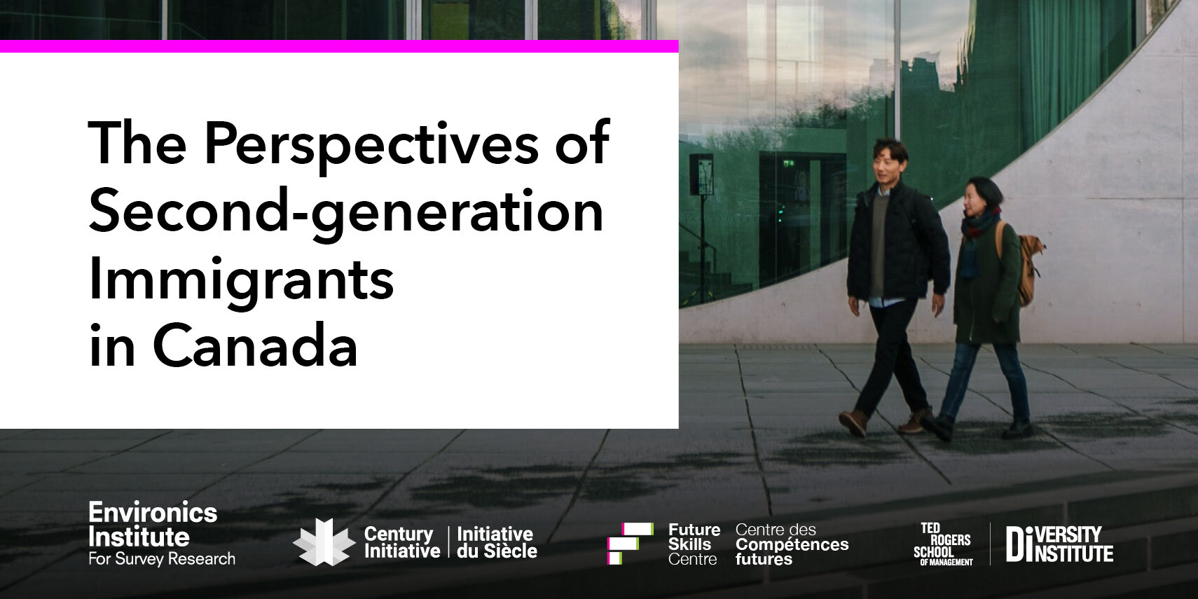 Two people walk past a modern glass building. A large white box highlights The Perspectives of Second-generation Immigrants in Canada, with logos of several organizations displayed below.