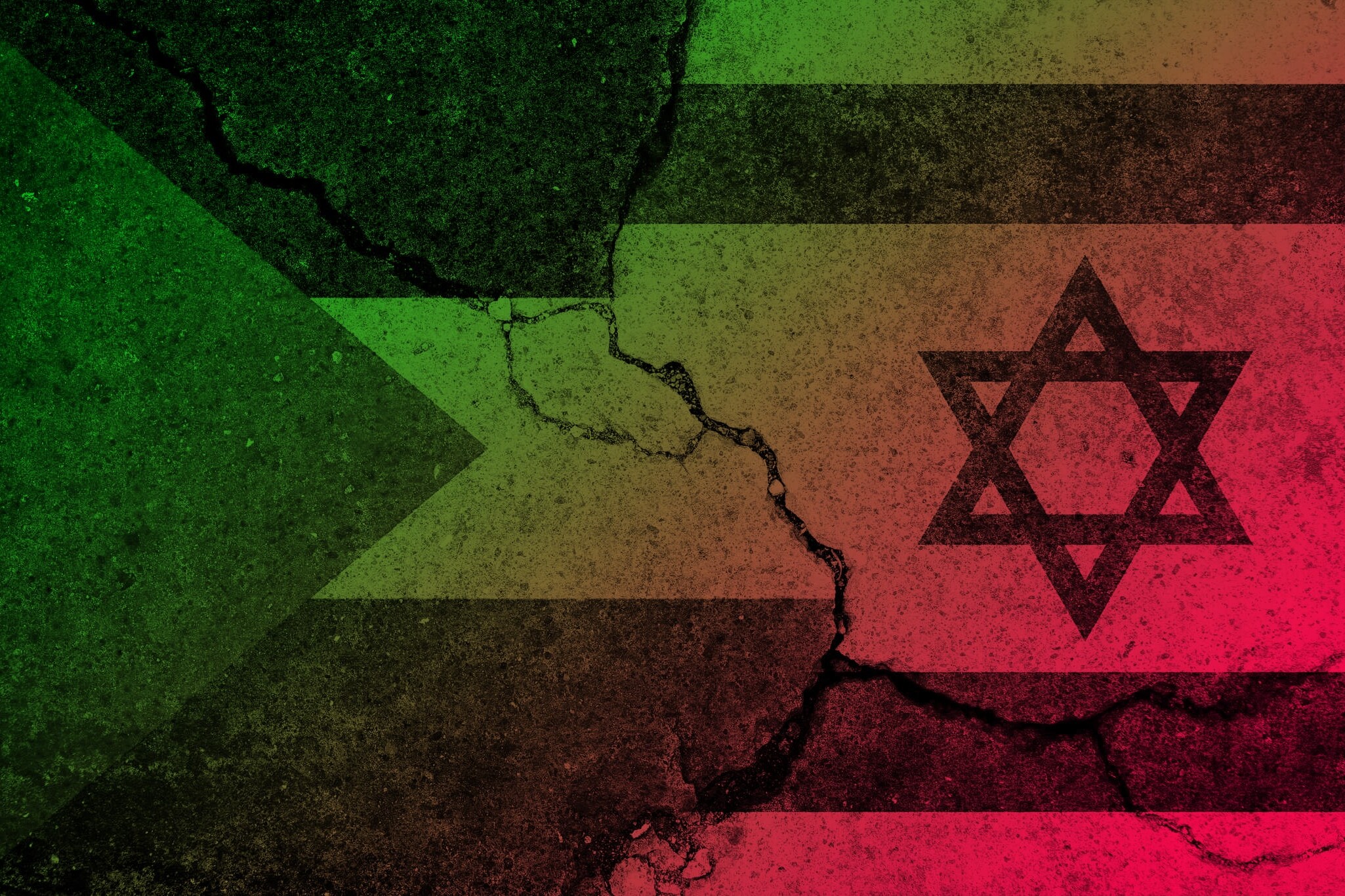 A weathered image shows the flags of South Africa and Israel, split by a jagged crack—echoing not only their own division but also reflecting Canadian public opinion about conflict in the Middle East in 2024.