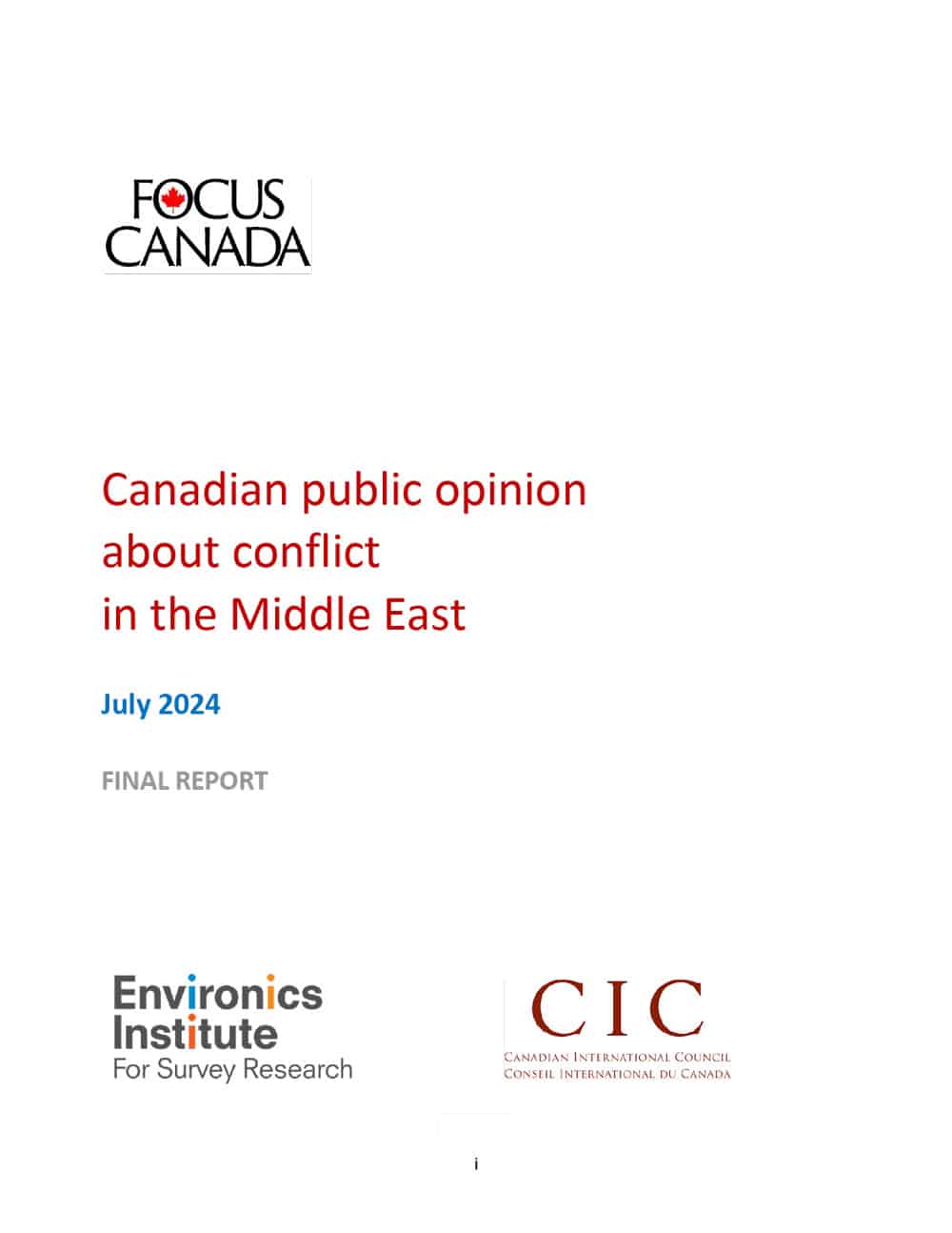 Cover page of the report Canadian public opinion about conflict in the Middle East 2024, featuring logos for Focus Canada, Environics Institute, and Canadian International Council.