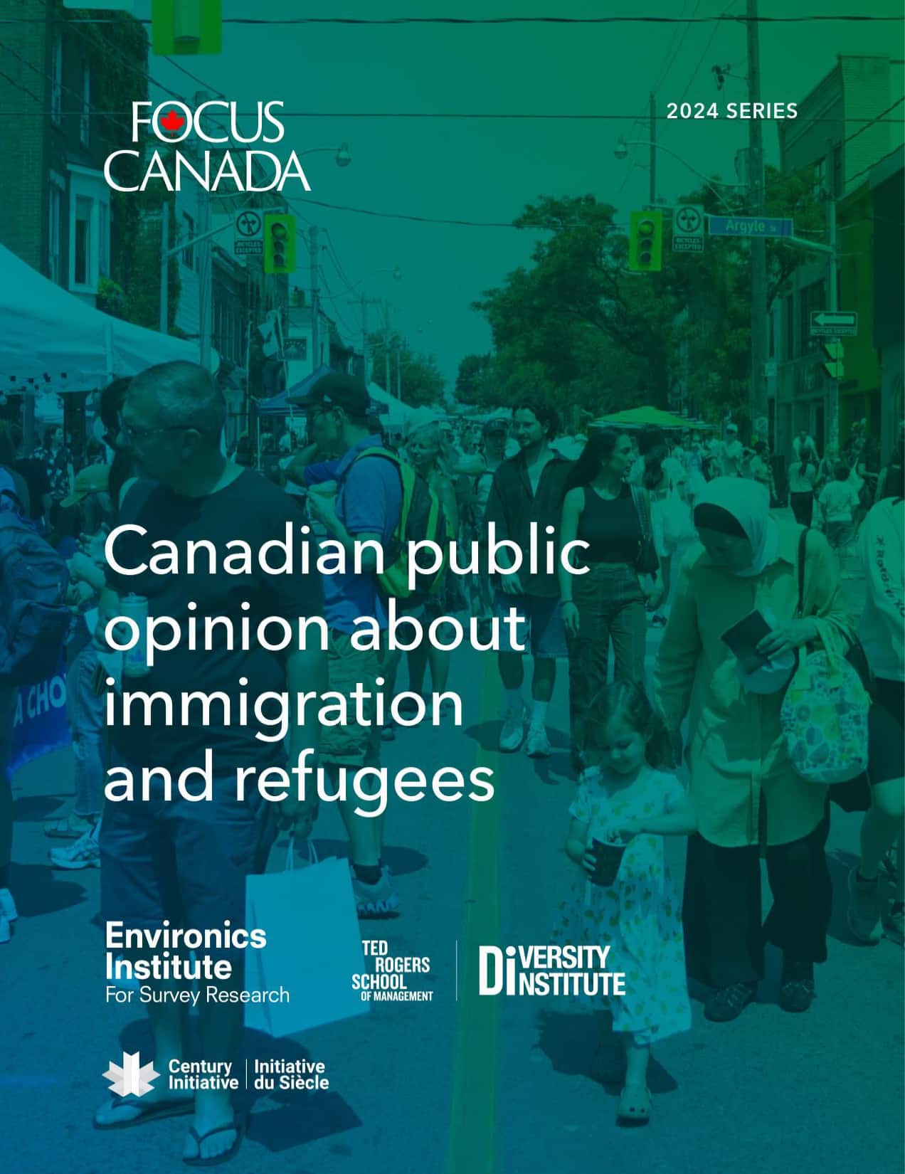 Cover page showing people walking at an outdoor event, with text highlighting Canadian public opinion about immigration and refugees. Logos for Environics Institute, Ted Rogers School of Management, and Diversity Institute are visible.
