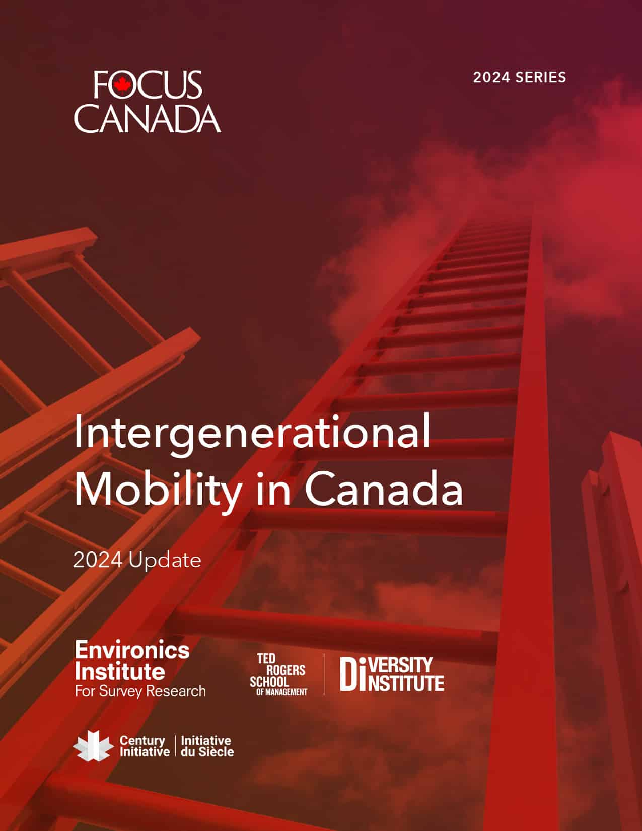 Cover of the report titled Intergenerational Mobility in Canada 2024 Update, featuring a red ladder against a red sky. The theme highlights Inter-generational Mobility in Canada, with logos for Environics Institute and partner organizations.