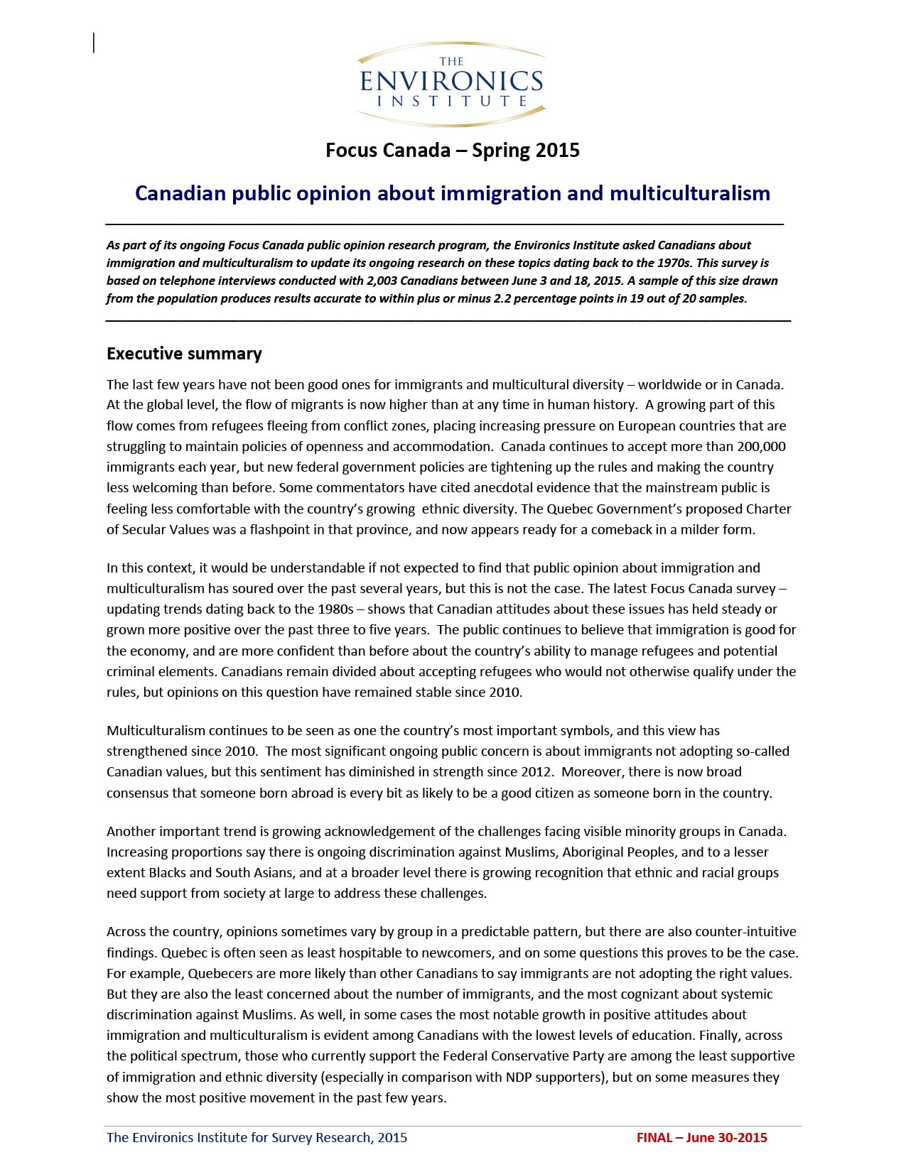 A research report&rsquo;s first page titled &ldquo;Canadian public opinion about immigration and multiculturalism&rdquo; from The Environics Institute. The text discusses findings from the 2015 Survey on Immigration and Multiculturalism regarding Canadians&rsquo; attitudes.