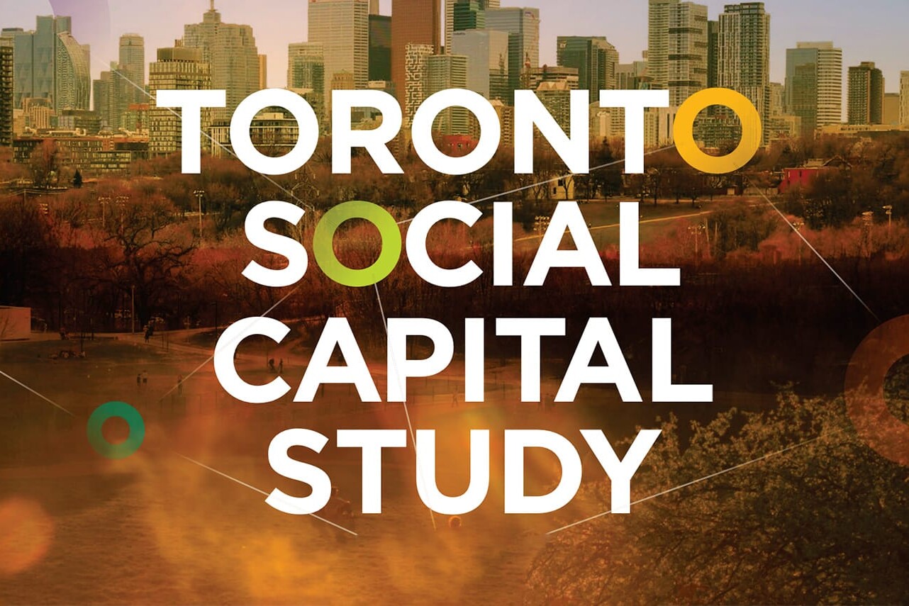 Text Toronto Social Capital Study is overlaid on a cityscape of Toronto with tall buildings and a park in the foreground, highlighting the focus of the Toronto Social Capital Study. Colorful circles accent the text for a vibrant touch.